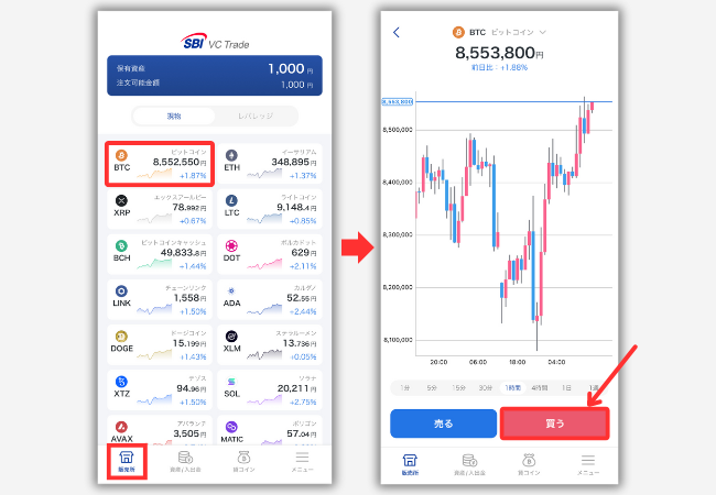 SBI VCトレードの販売所でビットコインを購入する手順1